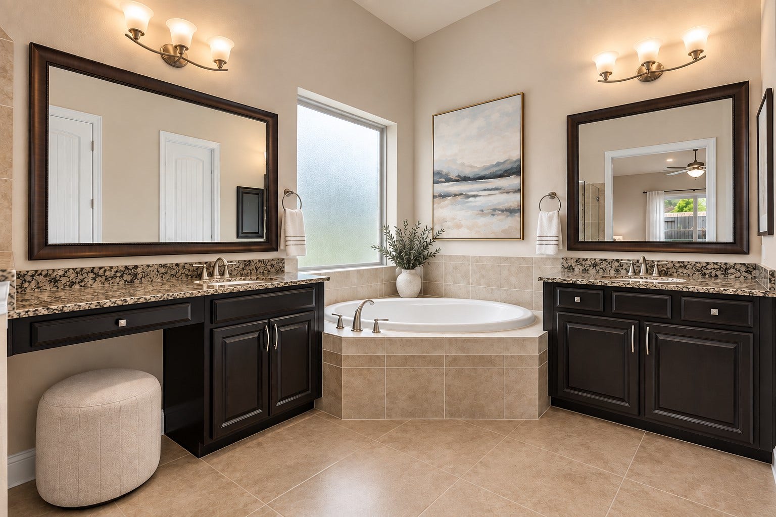 1413 Coffee Mill Court, League City, TX 77573 The primary en-suite bath features granite countertops, his-and-her vanities, framed mirrors, a relaxing soaking tub, separate walk-in shower, and a spacious walk-in closet.