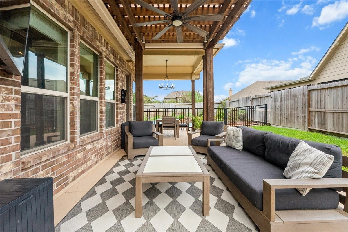 1413 Coffee Mill Court, League City, TX 77573 Step outside to your private backyard oasis featuring a sparkling pool, extended patio perfect for entertaining, and plenty of additional yard space for the kids to play.
