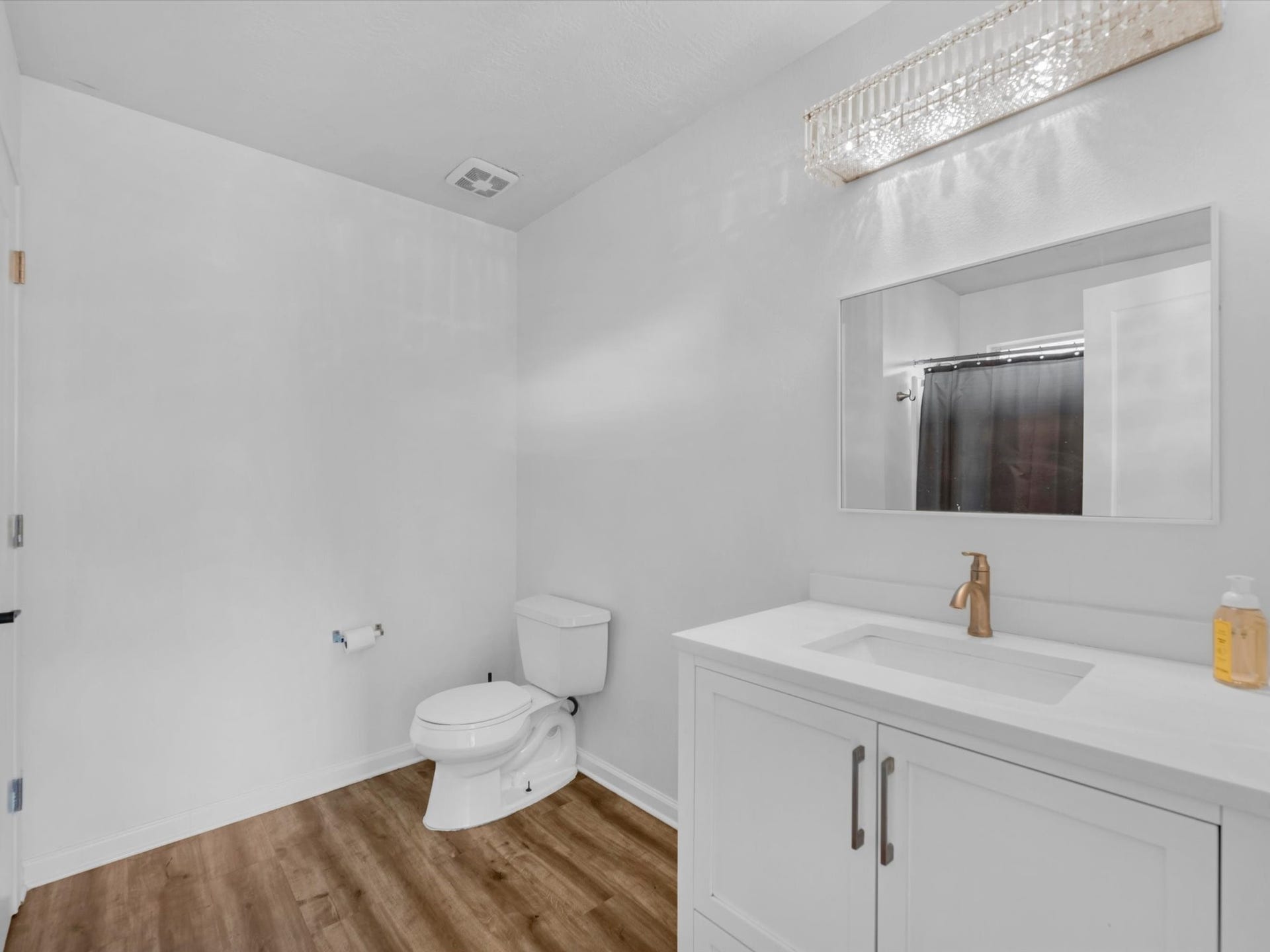 primary bathroom features a new vanity and updated lighting.
