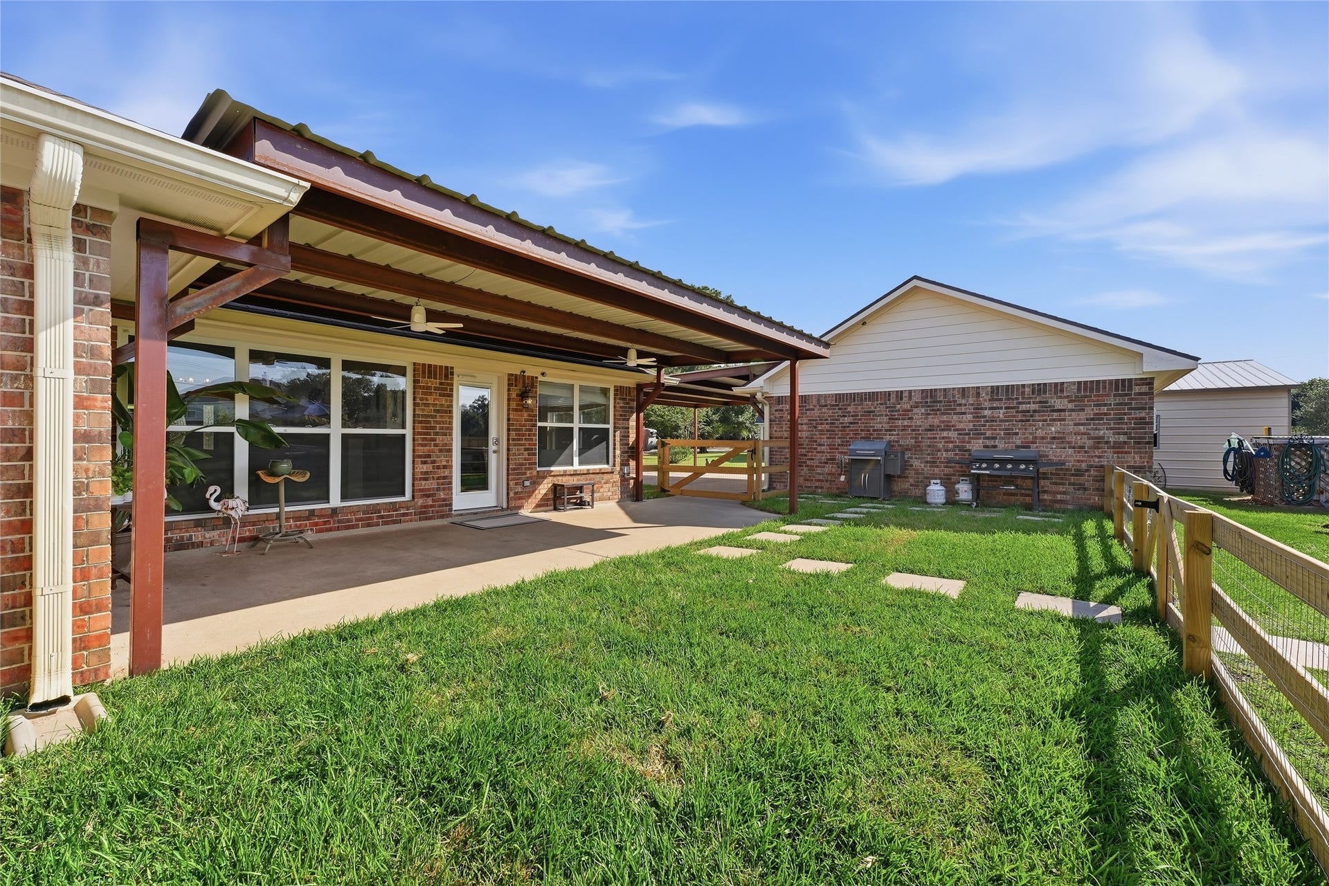 10711 Indian Trails Drive, Tomball, TX 77375 The covered patio extends your living space outdoors with a shaded seating area, while new fencing adds privacy.
