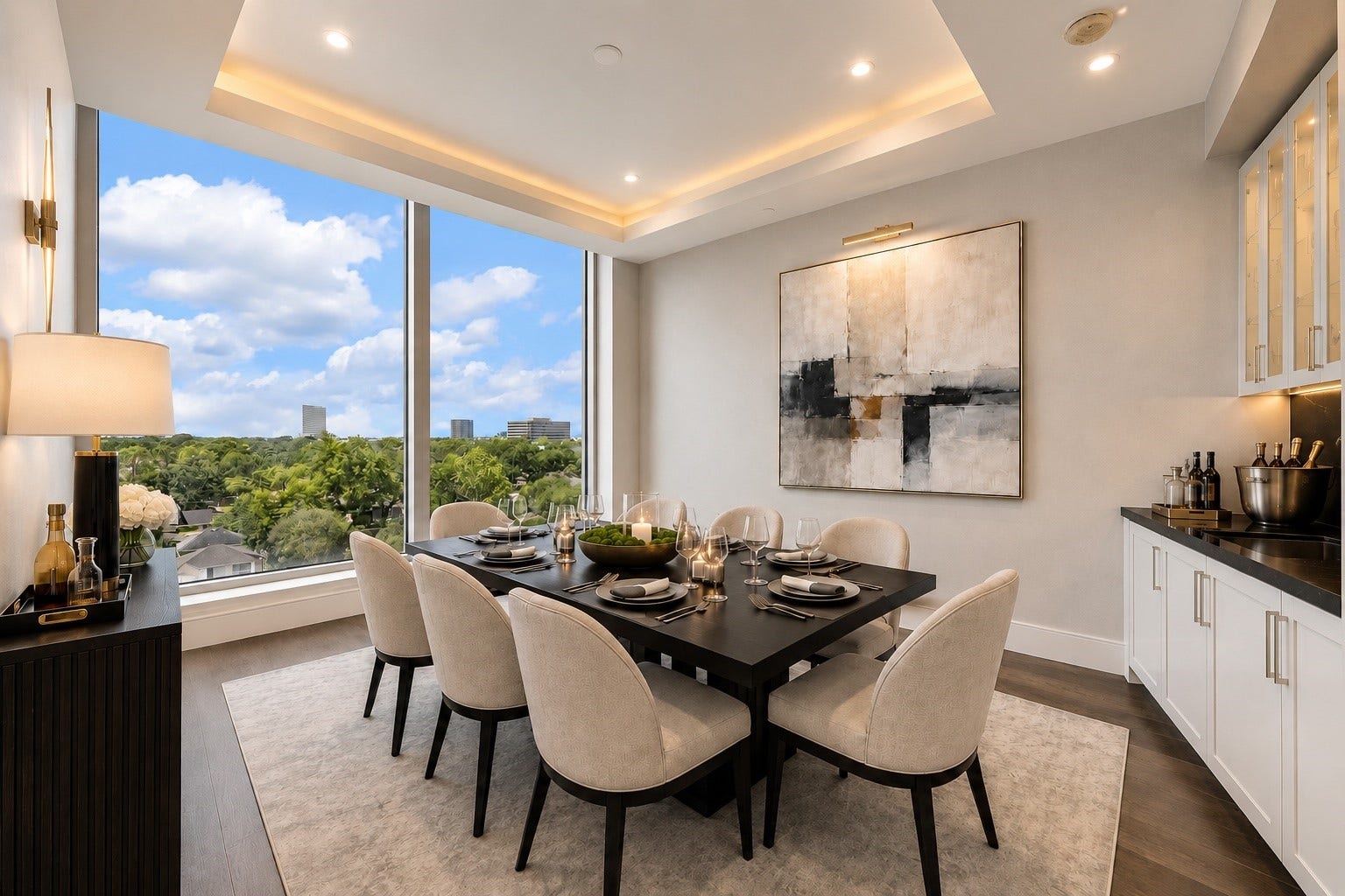 5656 San Felipe Street, Unit 701, Houston, TX 77056 An alternate view of the formal dining room highlighting the expansive SouthEast views through floor-to-ceiling windows. The photo is digitally stage for different ideas and possibilities