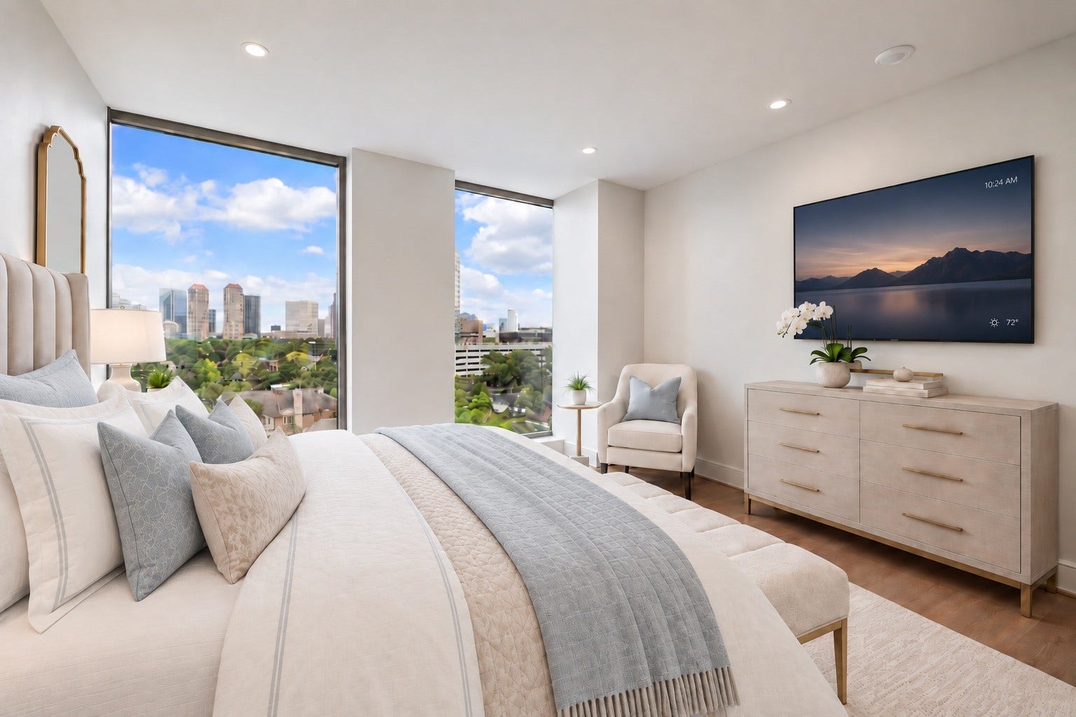 5656 San Felipe Street, Unit 701, Houston, TX 77056 Take a moment to unwind, settle in this primary bedroom cozy corner, find a great read & take in the beautiful East views. Photo is digitally enhanced