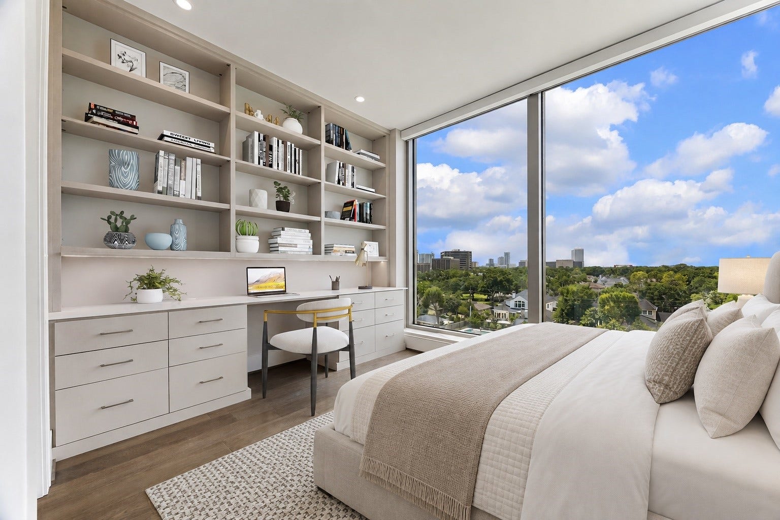5656 San Felipe Street, Unit 701, Houston, TX 77056 Make yourself at home into this transformed en-suite guest bedroom with walk-in closet. A custom built-in bookshelves and a dedicated study station, turning a once empty bedroom into a cozy comfortable sleeping area and workspace all in one