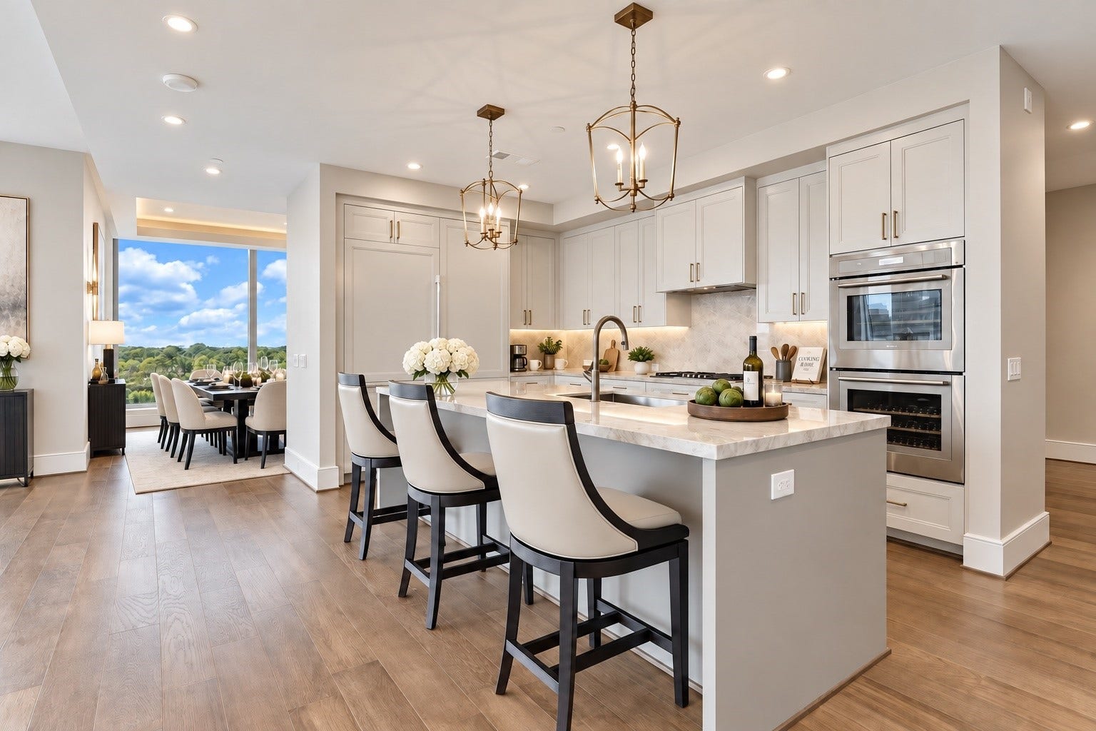 5656 San Felipe Street, Unit 701, Houston, TX 77056 Chef inspired kitchen centers around a large island, illuminated by elegant pendant lights, complete with convenient pull-out seting, making it the perfect spot for a quick bite