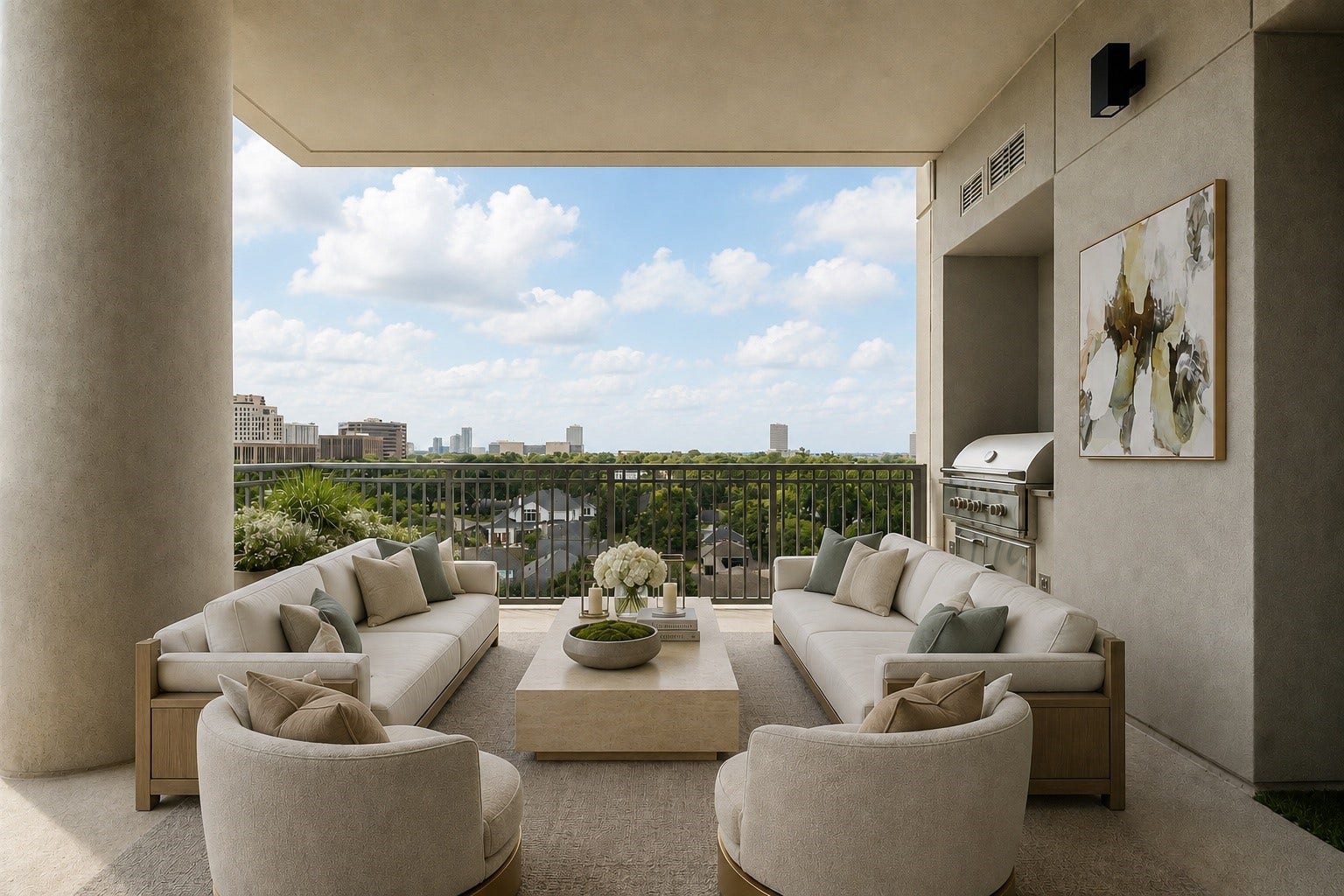 5656 San Felipe Street, Unit 701, Houston, TX 77056 An exceptional corner balcony off the living room offering generous outdoor living space, a built-in grell, and sweeping SouthEast views. Designed for both relaxing and entertaining, it provides ample rom for comfortable setting and large gatherings, while a convenient pet pad adds thoughtful functionality for four-legged companion. This photo is digitally staged.