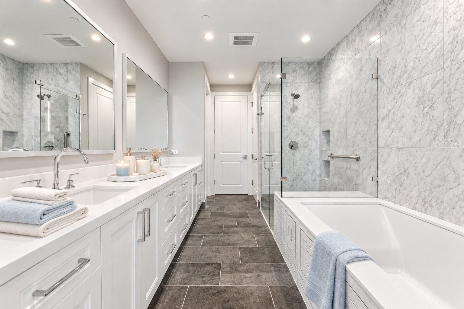 5656 San Felipe Street, Unit 701, Houston, TX 77056 Transform your own primary bathroom into an "at home-spa" with soaking tub, framed with designer's decorative tile, a seamless glass walk-in shower with shower seat, expansive double vanities featuring generous counter space, linen closet, a door opens to a private water closet & an entrance into a large dressing room.