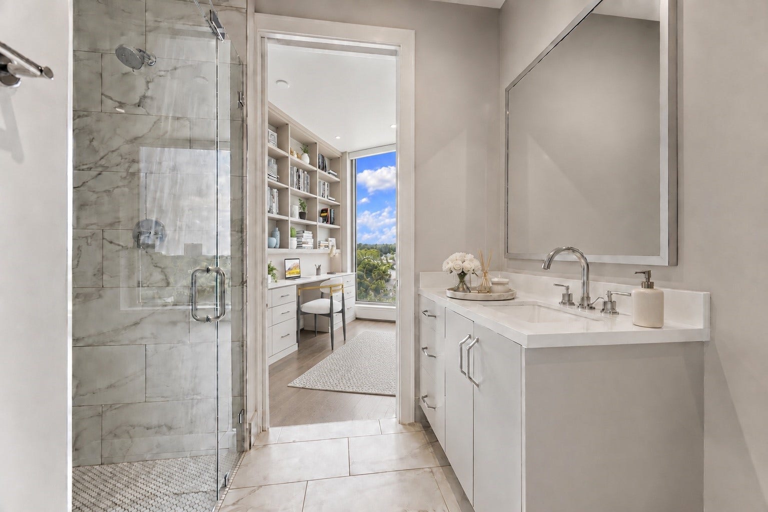 5656 San Felipe Street, Unit 701, Houston, TX 77056 Secondary elegant en-suite bathroom with beautiful quartz counter tops, custom built-ins and glass enclosed walk-in shower.