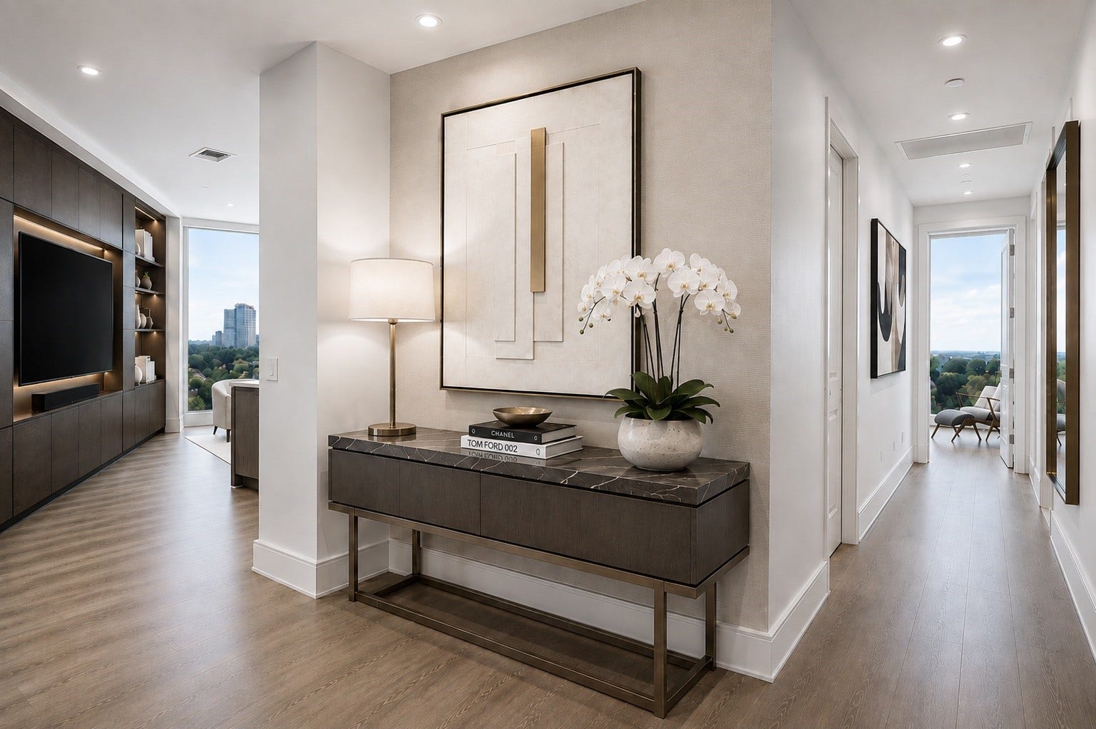 5656 San Felipe Street, Unit 701, Houston, TX 77056 An elegant foyer makes a refined first impression and creates a warm sense of arrival. From here, the space opens into the expansive living area, offering an inviting flow while drawing the eye towards the beautiful views beyond. This photo is digitally staged to showcase many possiblites.