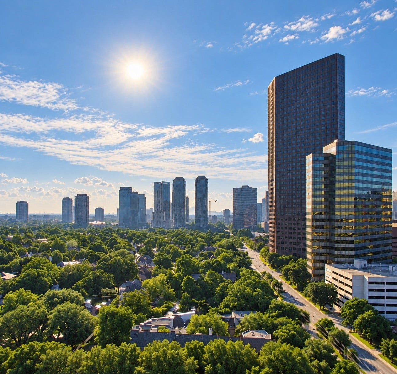5656 San Felipe Street, Unit 701, Houston, TX 77056 A gorgeous East-facing view from the primary bedroom and every other secondary bedroom, with ceiling to floor windows frame surrounding skyline, treetops and beautiful morning light. A refreshing picturesque outlook