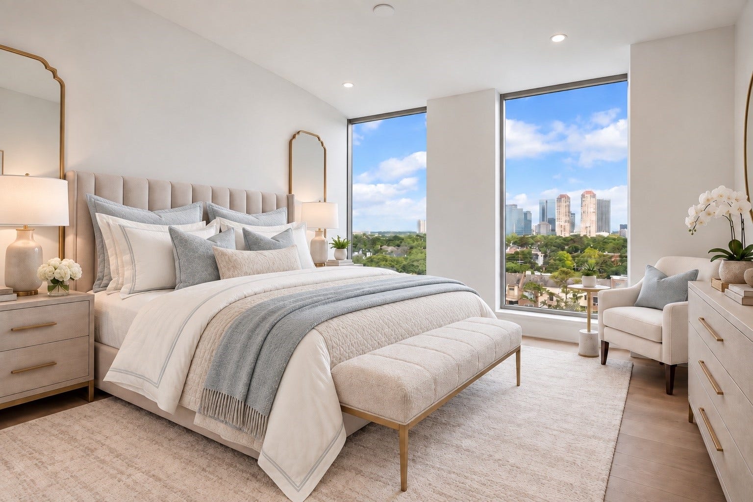 5656 San Felipe Street, Unit 701, Houston, TX 77056 Wake up to stunning Eastern sunrises in this primary bedroom, complete with sprawling walls of windows & convenient motorized shades. Photo is digitally staged