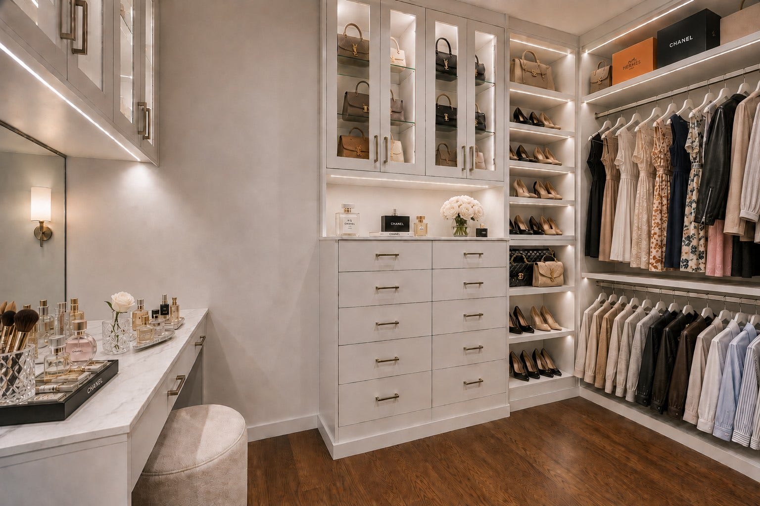 5656 San Felipe Street, Unit 701, Houston, TX 77056 You will certainly enjoy this custom-built upgraded primary dressing room. It features bespoke built-ins, dedicated make-up vanity with sconces, & upper glass front cabinets illuminated with integrated lighting. This photo is digitally staged with clothings and acccessories to showcase the amount of space it provides