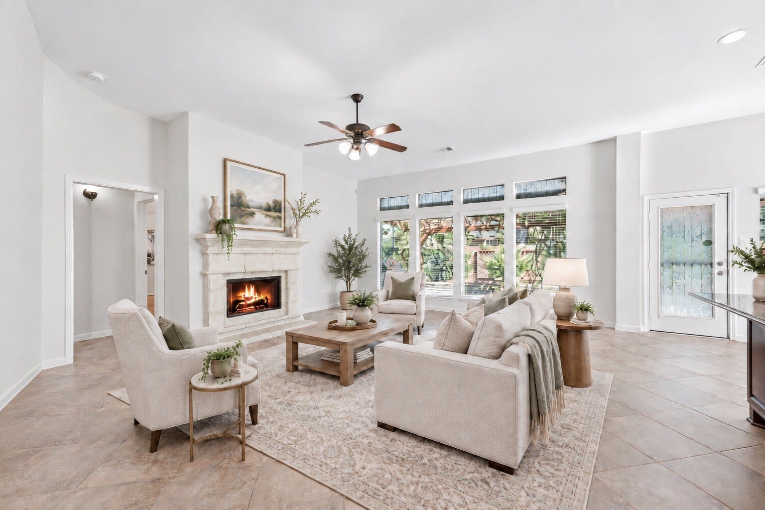 13812 Lakewater Drive, Pearland, TX 77584 Virtual Staging: Living room- Spacious living room filled with natural light and a cozy gas fireplace as the focal point.