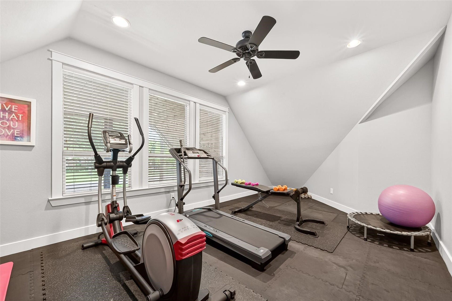 The workout room has its own closet so could also be another bedroom.