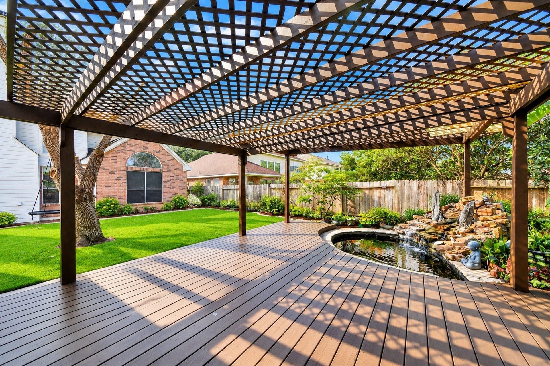 VIRTUAL STAGING
Experience serene outdoor living with this stunning pergola-covered deck, seamlessly blending relaxation and style amidst lush greenery and a tranquil water feature.