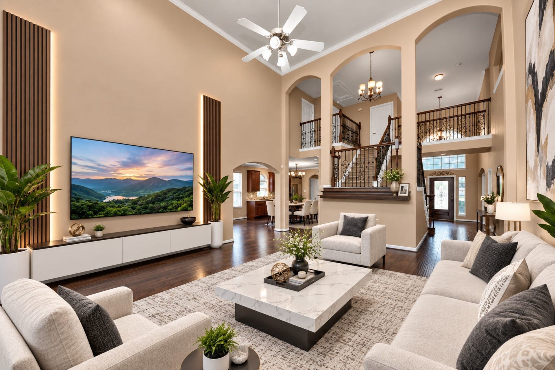 VIRTUAL STAGING
Elegant living room with vaulted ceilings, stylish chandelier, and a grand staircase. Spacious seating area, modern decor, and a large flat-screen TV create a welcoming atmosphere.
