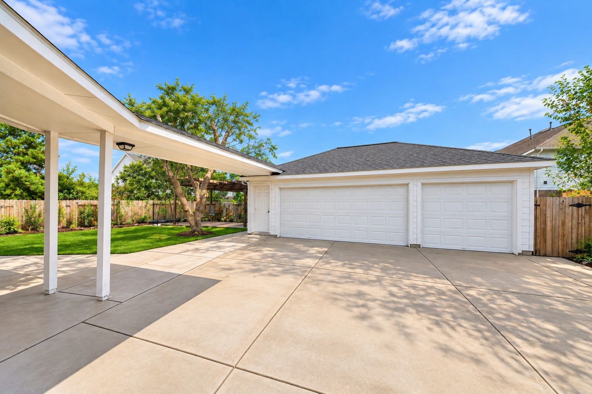 Spacious driveway leads to a three-car garage, complemented by a charming covered walkway and lush green backyard.