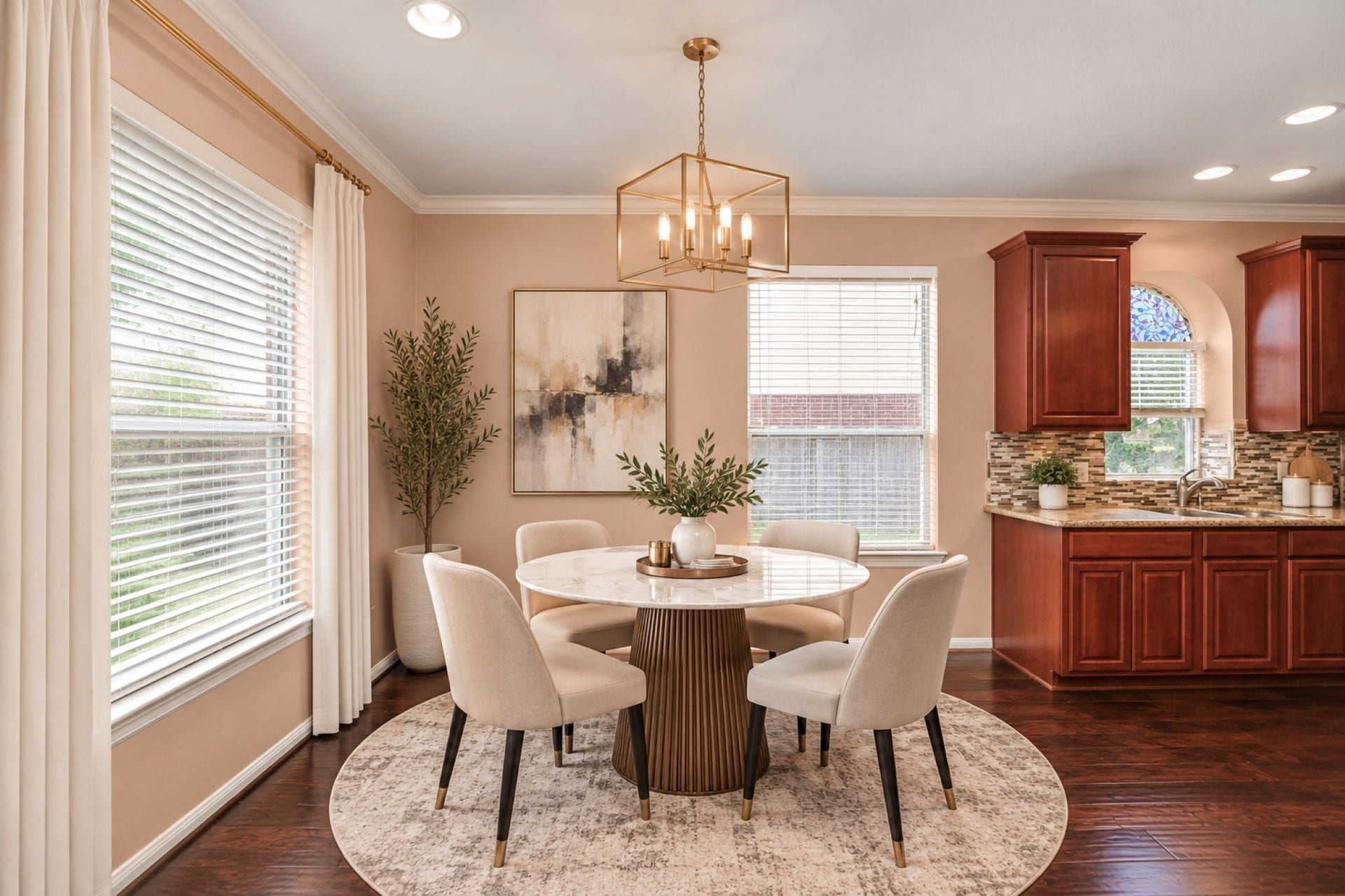 VIRTUAL STAGING
Chic and inviting, this sunlit breakfast area boasts elegant decor and a seamless flow into the kitchen, perfect for morning gatherings.