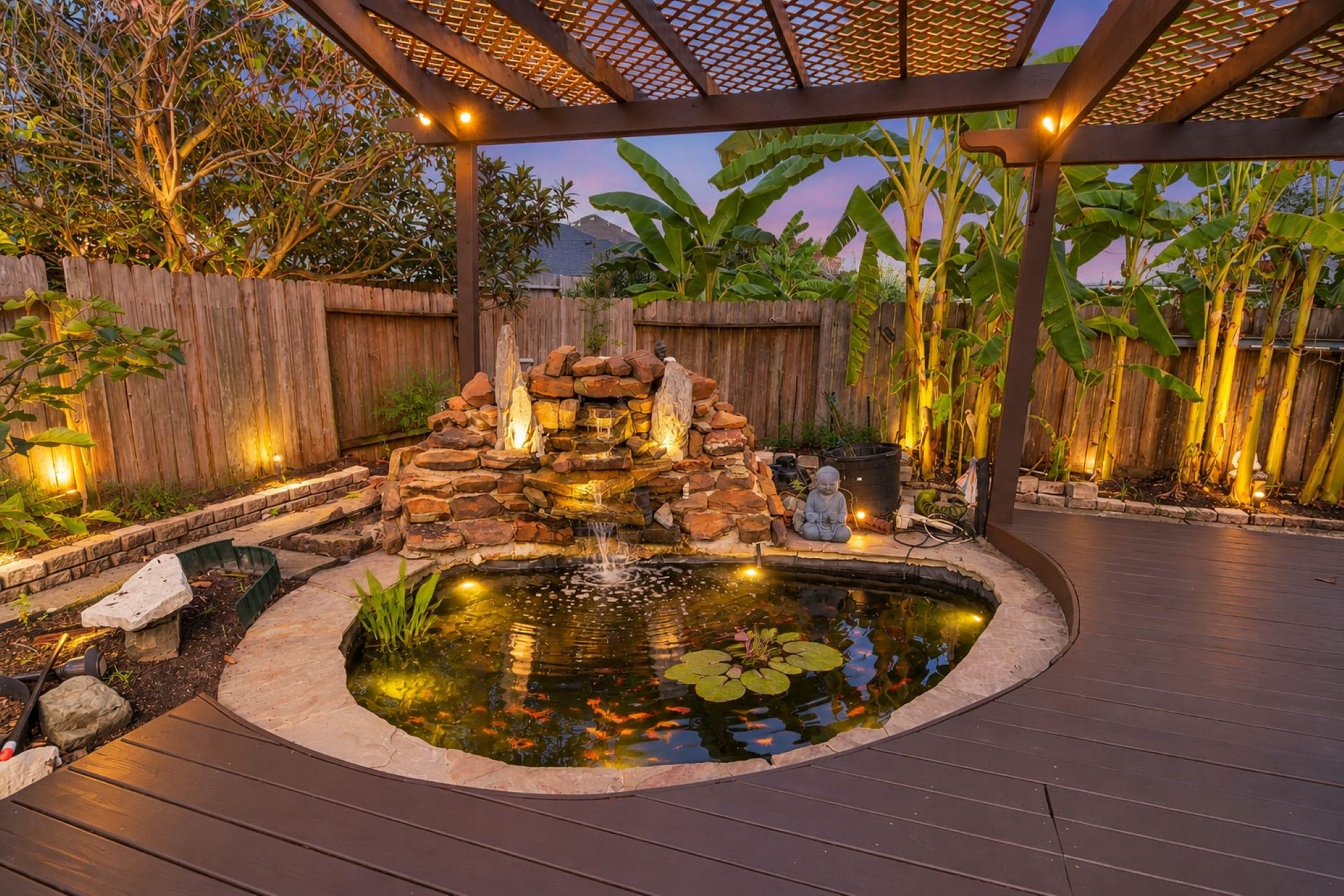 VIRTUAL STAGING
Experience tranquility with a stunning koi pond nestled under a charming pergola, surrounded by lush greenery and ambient lighting for a serene backyard retreat.