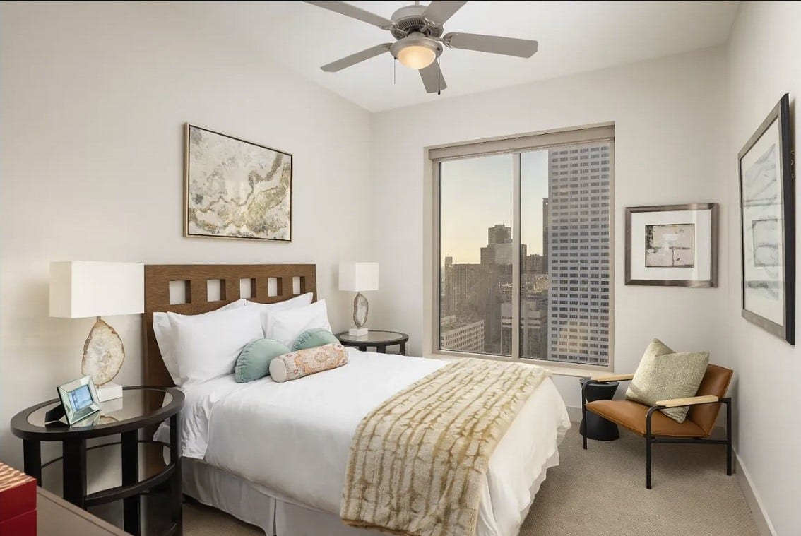 1400 McKinney Street, #3204, Houston, TX 77010 The spacious secondary bedroom offers comfort, flexibility and beautiful downtown views through oversized windows. Perfect for guests, family, or a home office, this thoughtfully designed space provides endless possibilities to fit your lifestyle.