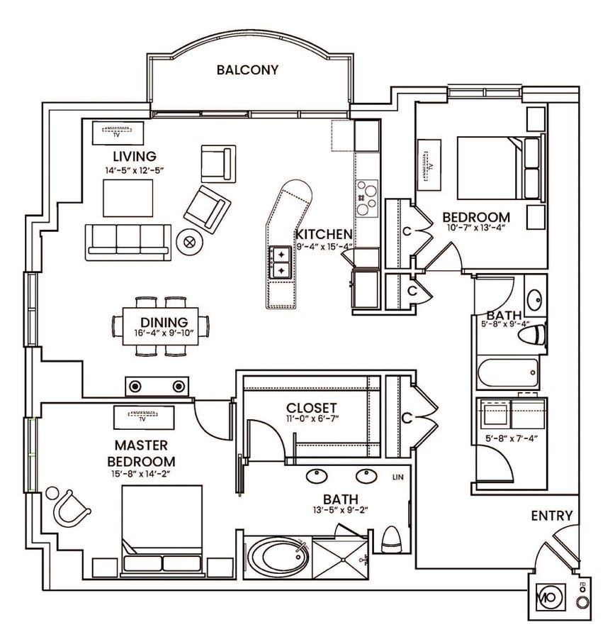 1400 McKinney Street, #3204, Houston, TX 77010 1,619 sq ft Corner unit floor plan perfectly planned with no wasted space. Formal entry with coat closet. Walk in utility room with side by side washer/dryer. Split bedrooms. Huge kitchen, living and dining room designed for entertaining! Features granite island with breakfast bar, wine chiller, pantry, stainless appliances. Balcony for morning coffee