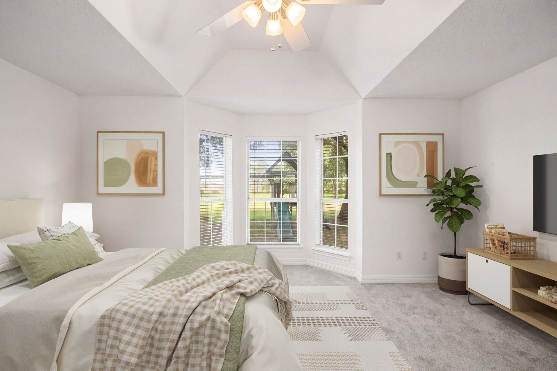 28310 Rose Lane, Katy, TX 77494 Elegant primary bedroom retreat showcasing architectural details like a dramatic trey ceiling and a classic light-filled bay window. Multi-pane windows offer scenic views of the lush backyard and pool area, creating a serene and private sanctuary. The expansive layout features neutral carpeting, crisp white walls, and a modern overhead light fixture with an integrated ceiling fan.