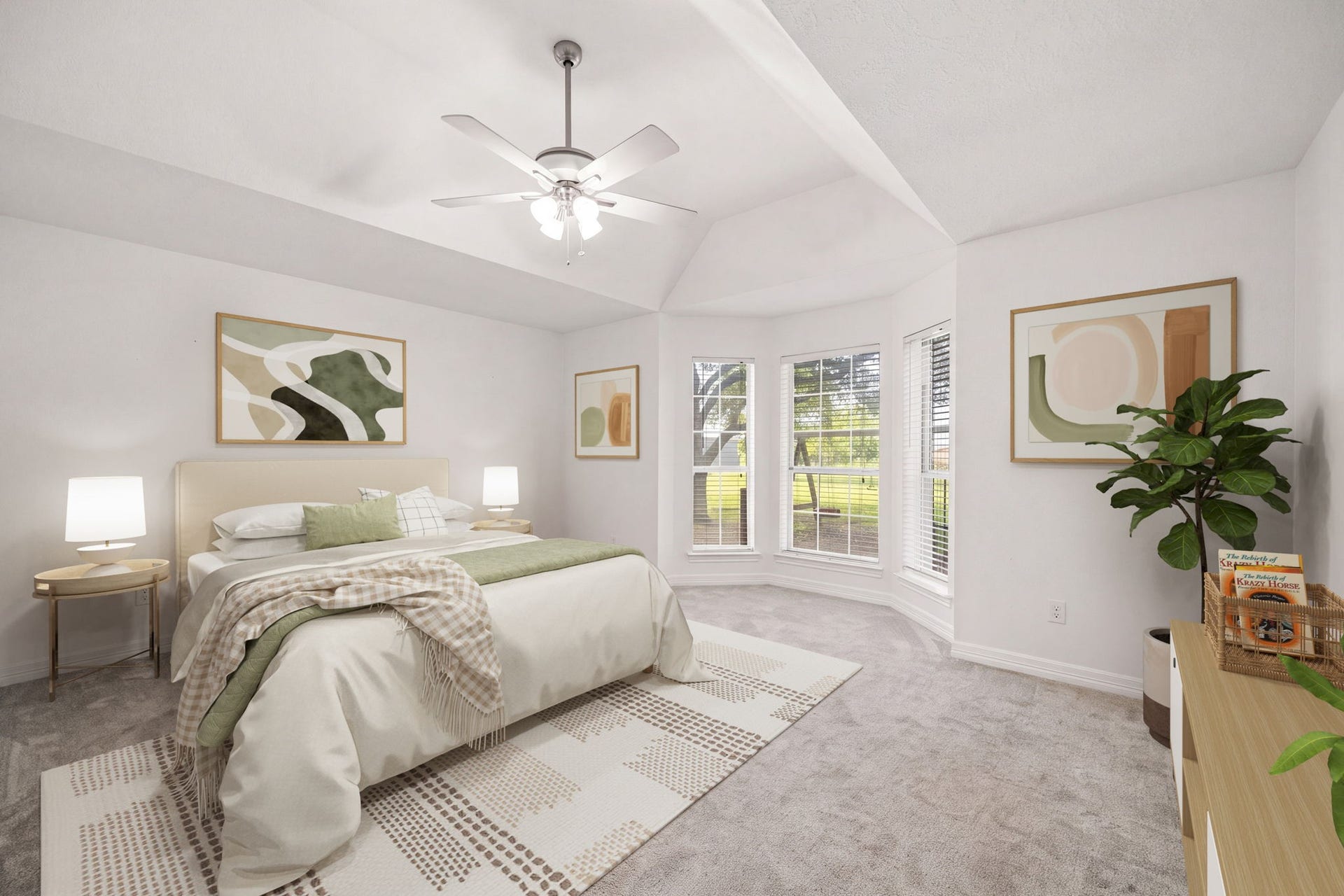28310 Rose Lane, Katy, TX 77494 Spacious primary suite highlighted by an architectural tray ceiling and an expansive bay window alcove. The multi-pane windows flood the room with natural light and frame serene views of the outdoor landscape. Crisp white walls and neutral plush carpeting create a cohesive, tranquil atmosphere, while a modern central ceiling fan with an integrated light fixture ensures year-round comfort.