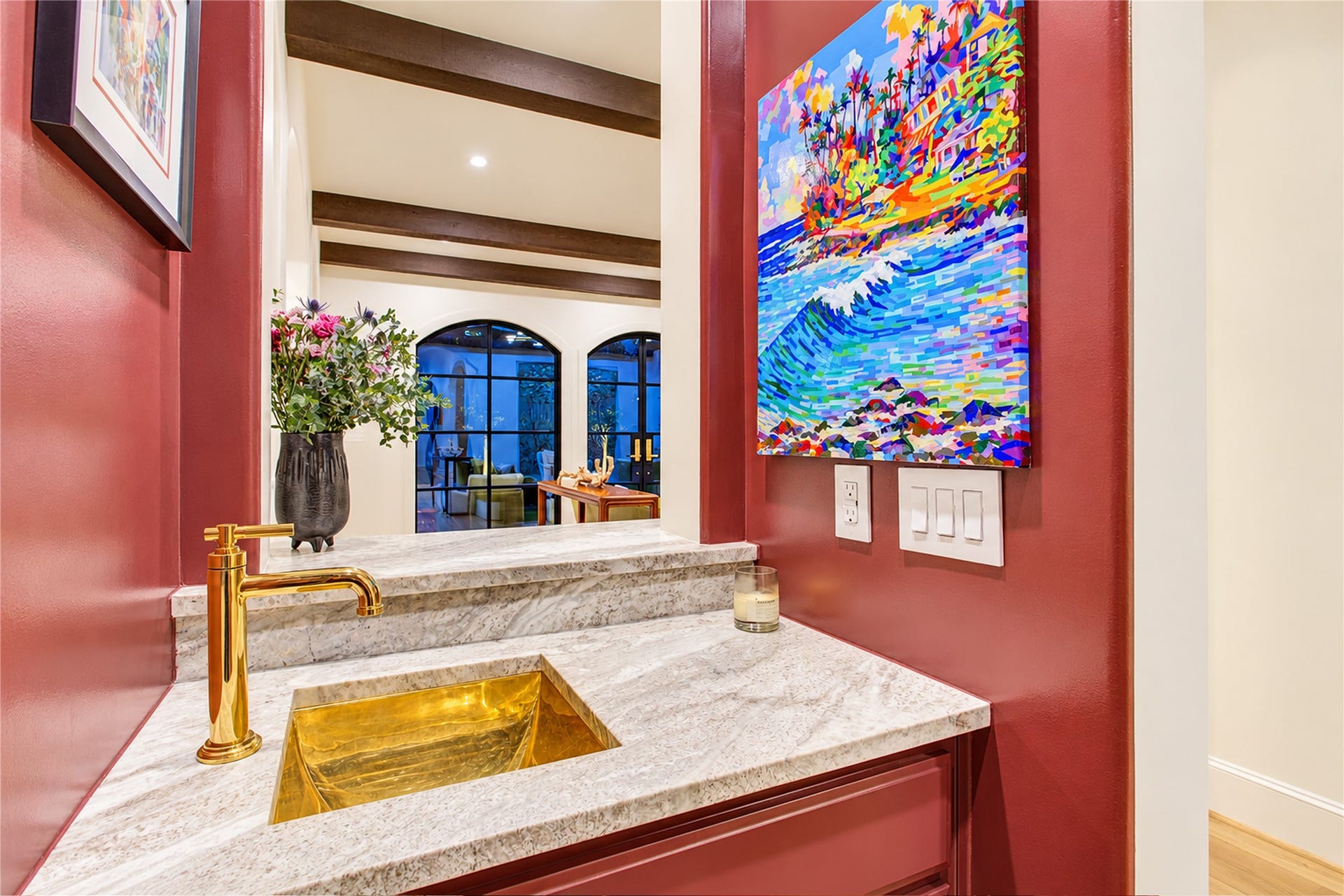2215 North Boulevard, Houston, TX 77098 A custom unlacquered brass statement sink, Newport Brass faucet, and leathered Fantasy Brown dolomite elevate this bespoke wet bar.