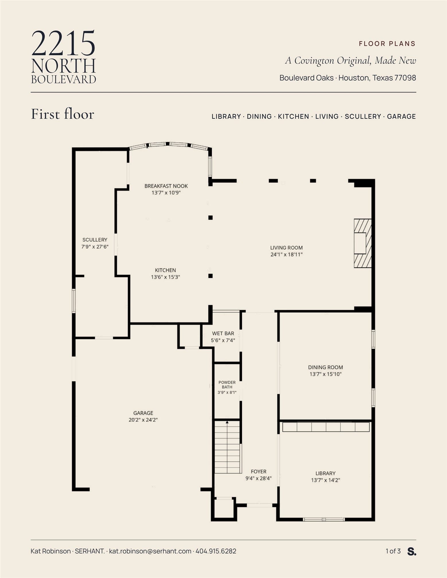 2215 North Boulevard, Houston, TX 77098 First floor: library, award-winning dining room and scullery, wet bar, chefs kitchen, living room opening to the patio and 2-car garage.