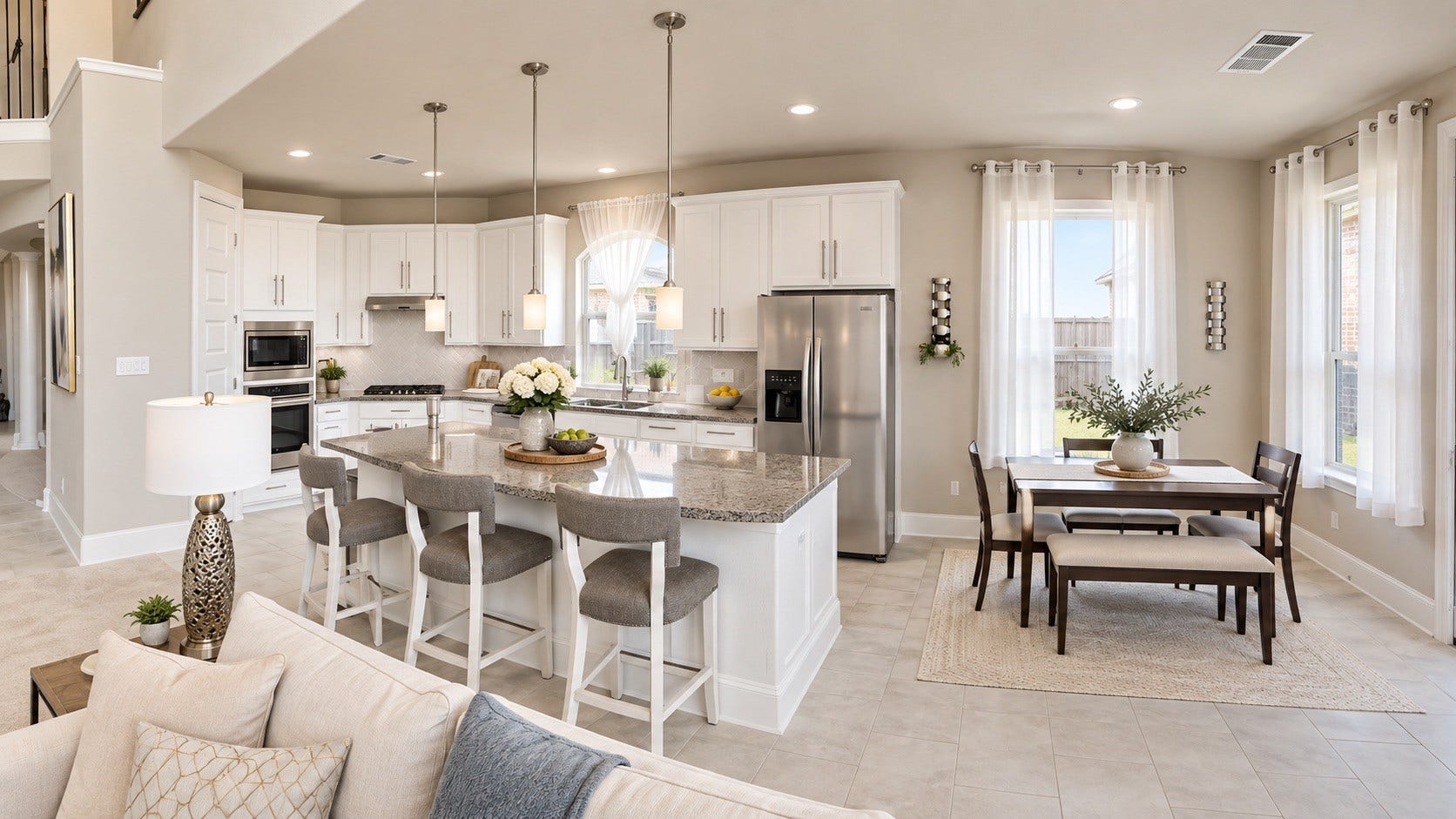 Kitchen / Breakfast Area  Spacious kitchen with granite island, pendant lighting, stainless appliances, and adjoining breakfast area. [Virtually Staged & Rendered]