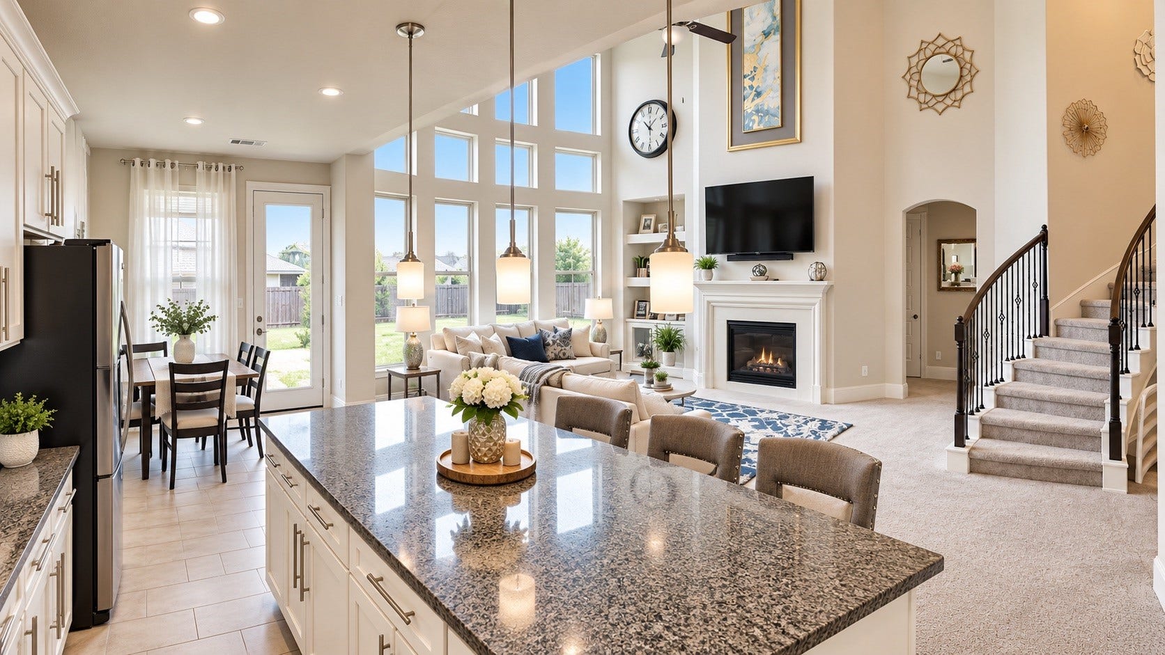 Kitchen + Living Wide View  Open-concept kitchen and living area showcasing the oversized island, abundant cabinetry, and soaring ceilings. [Virtually Staged & Rendered]