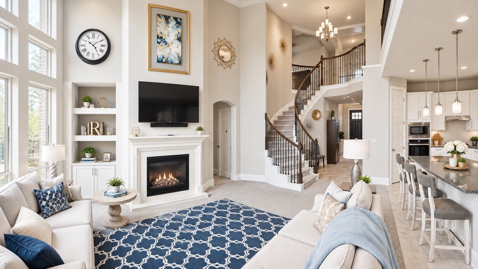 Living Room / Kitchen  Dramatic two-story living room with a wall of windows, fireplace, built-ins, and open connection to the kitchen. [Virtually Staged & Rendered]