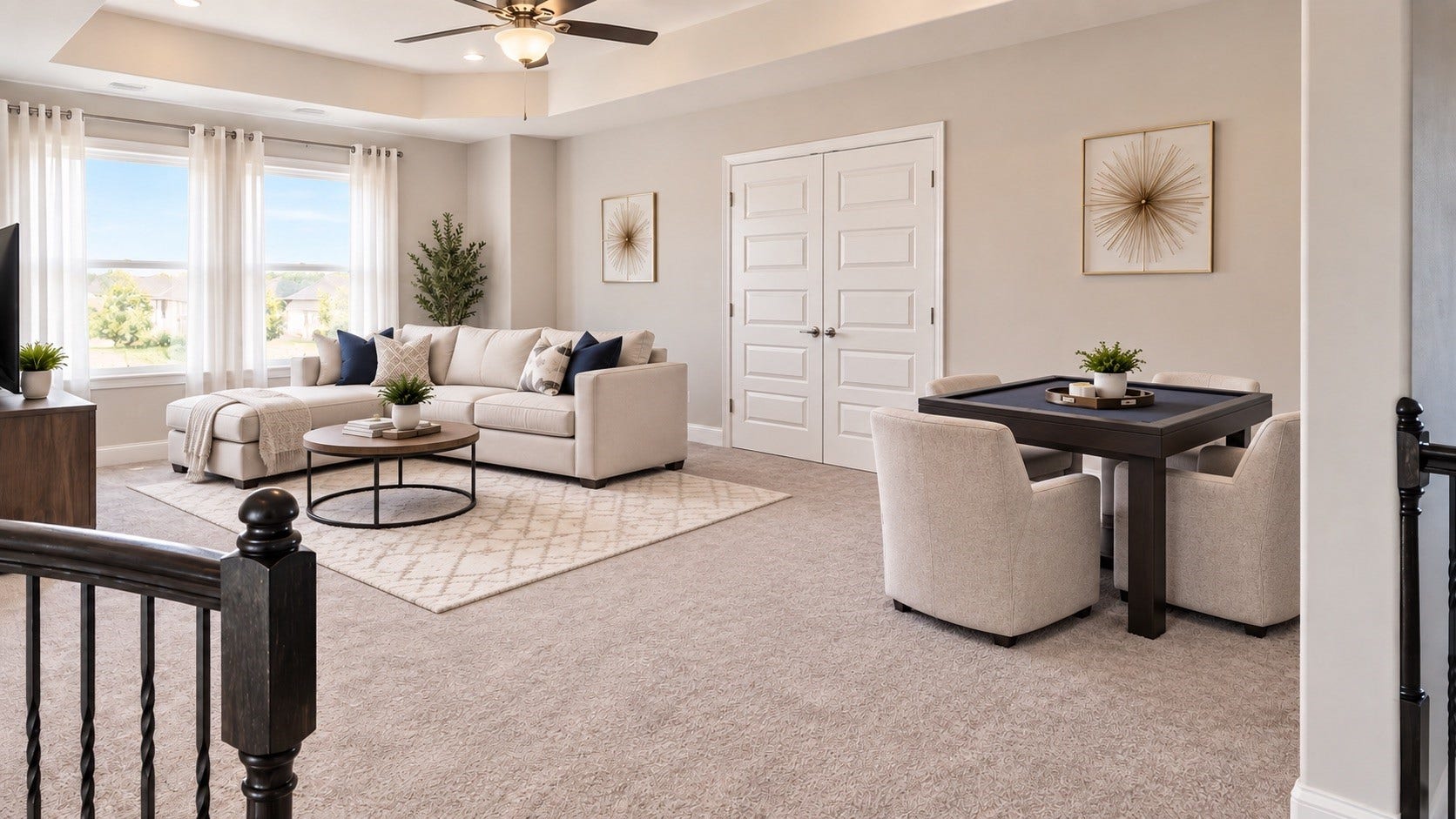 Upstairs Game Room  Large upstairs game room offering flexible space for lounging, entertaining, gaming, or a media setup. [Virtually Staged & Rendered]