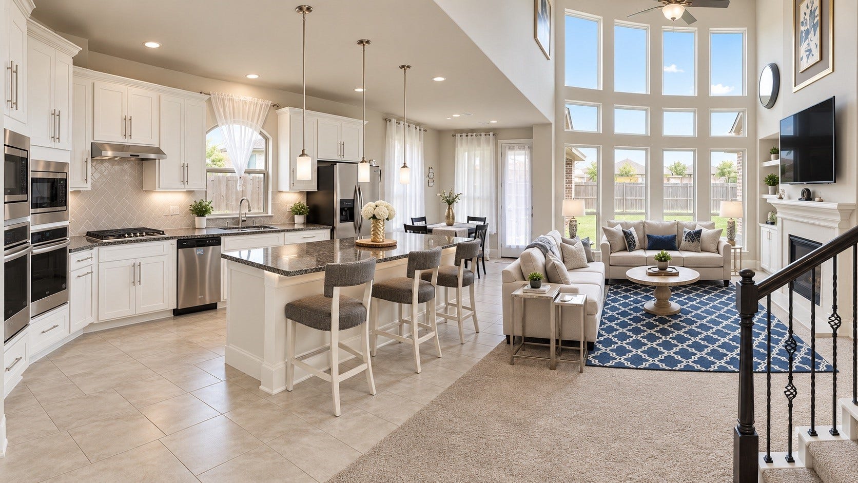 Living Room + Staircase  Open living area highlighted by the fireplace, curved staircase, high ceilings, and abundant natural light [Virtually Staged & Rendered]