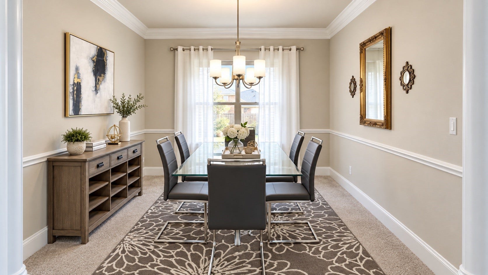 Formal Dining Room  Dedicated dining room with crown molding, chair rail detailing, and generous space for entertaining. [Virtually Staged & Rendered]