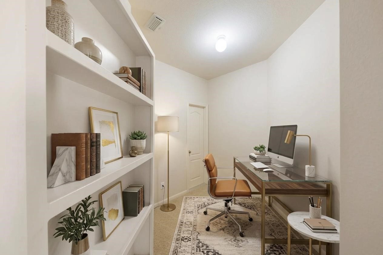 Virtually staged bonus room hidden behind this custom built-in bookshelf.