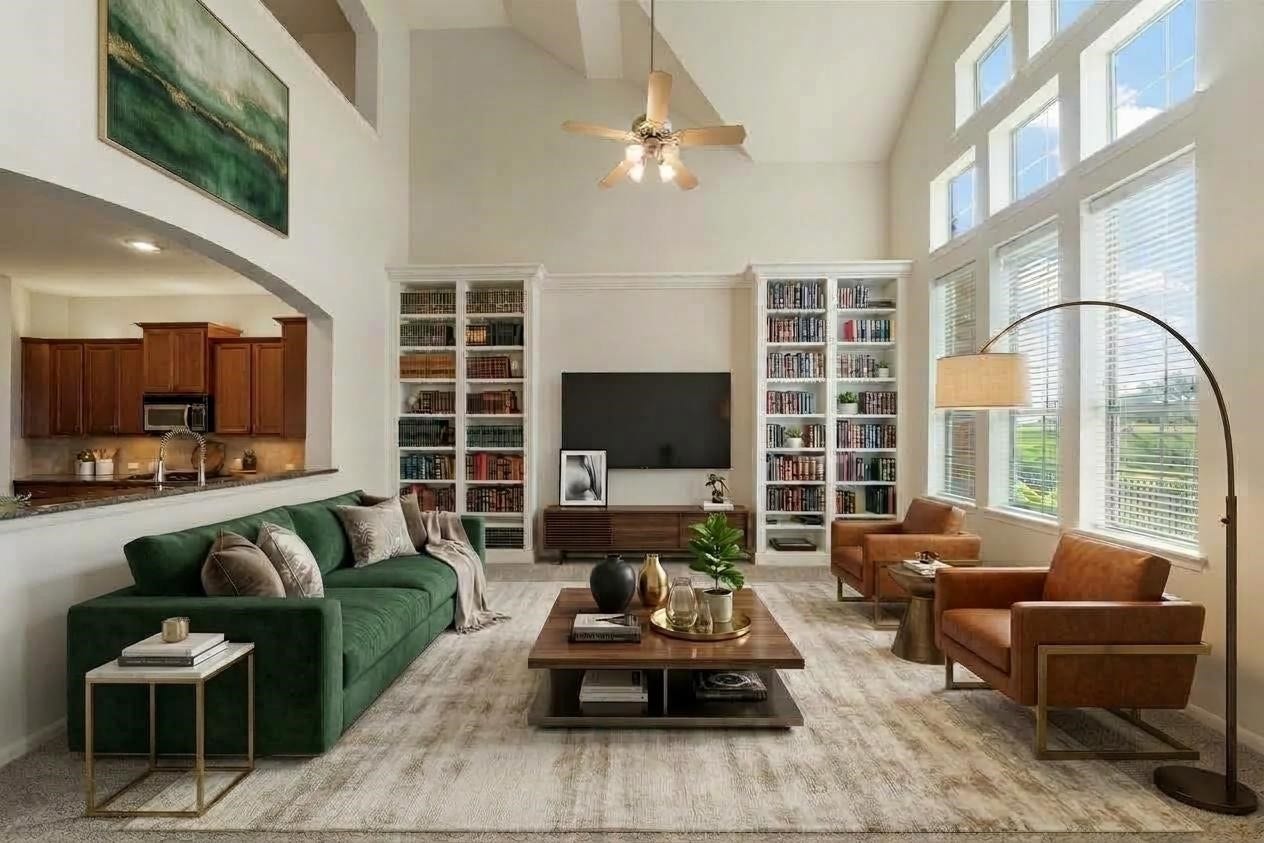 Virtually staged living room.  Sit in your living room with views of the beautiful golf course!