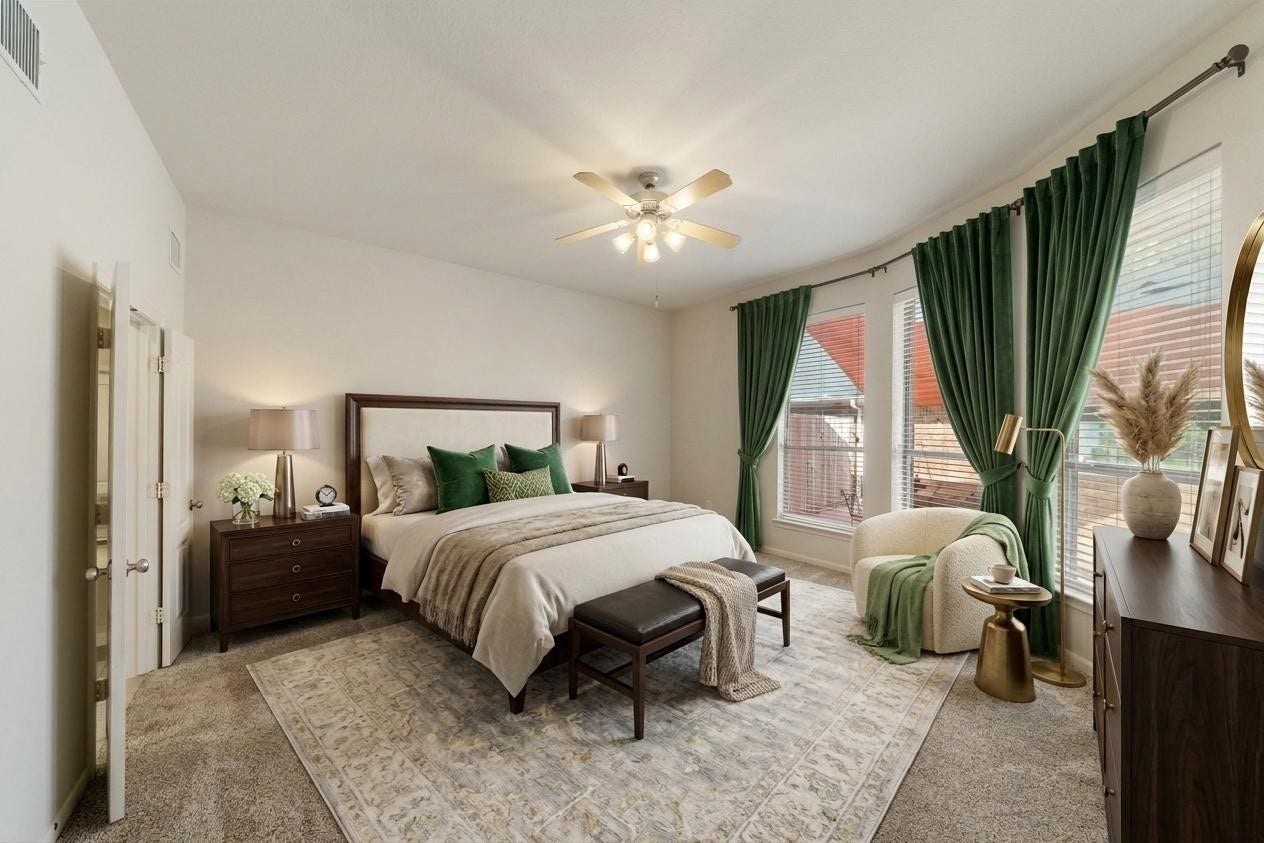 Virtually staged primary bedroom.
