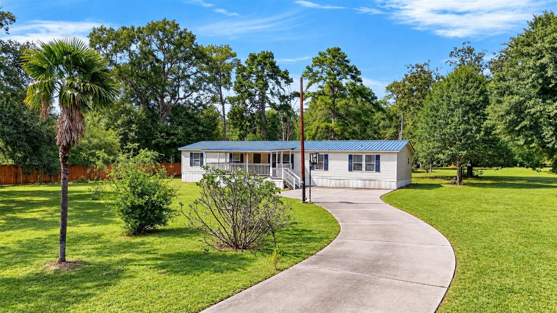 2581 Mann Road, Conroe, TX 77303 Front view showcasing the long driveway, mature trees, and generous outdoor space.