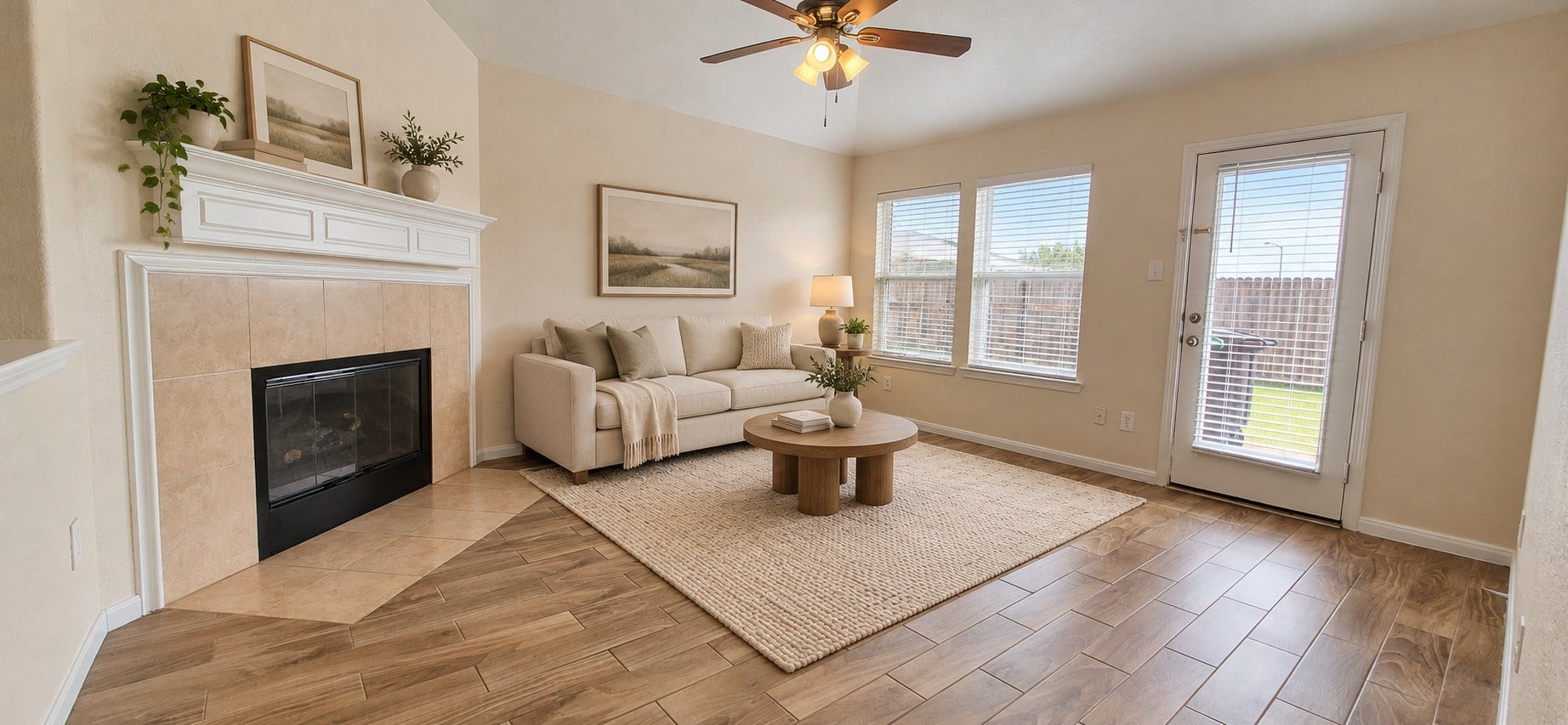 Sunlit living room with fireplace staging