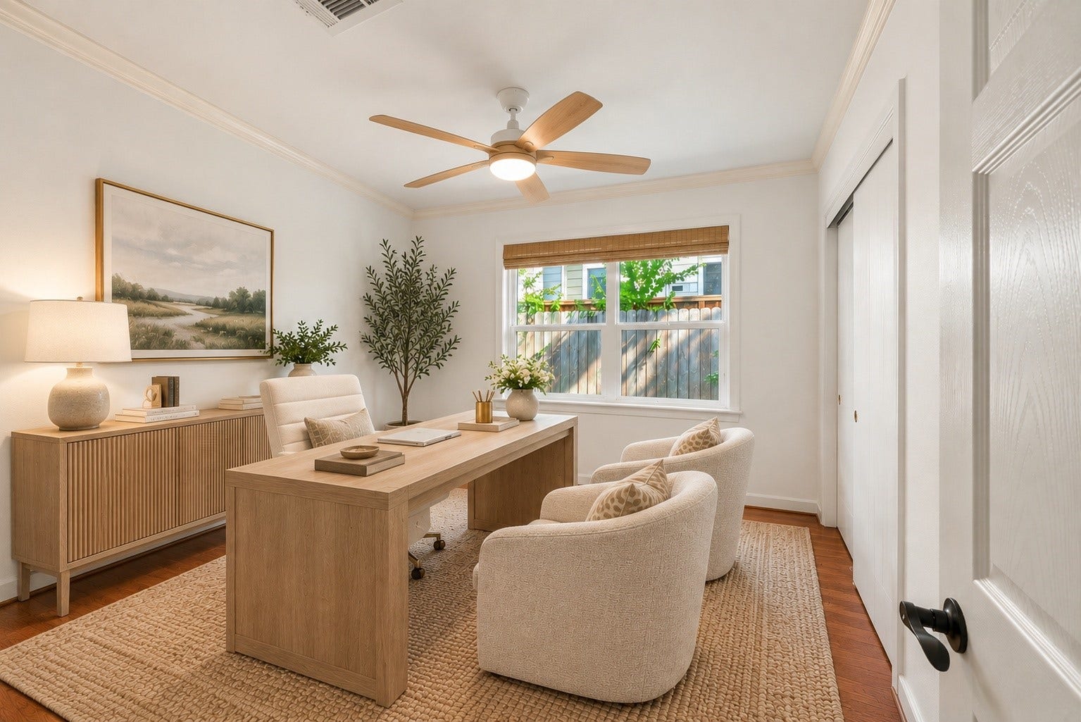 4806 Hummingbird Street, Houston, TX 77035 Bright and inviting home office featuring a large window, neutral decor, and elegant furnishings, perfect for a productive work environment. Virtually staged