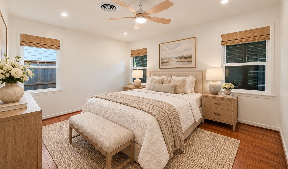 4806 Hummingbird Street, Houston, TX 77035 Elegant bedroom with warm wood floors, featuring a cozy bed adorned with neutral bedding and a stylish bench. Natural light streams through the windows, highlighting the tasteful decor and serene artwork. Virtually staged