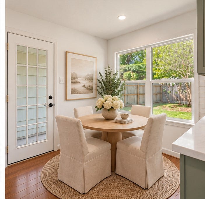 4806 Hummingbird Street, Houston, TX 77035 Bright breakfast nook with a round wooden table, plush chairs, and large windows overlooking a lush backyard. Virtually staged