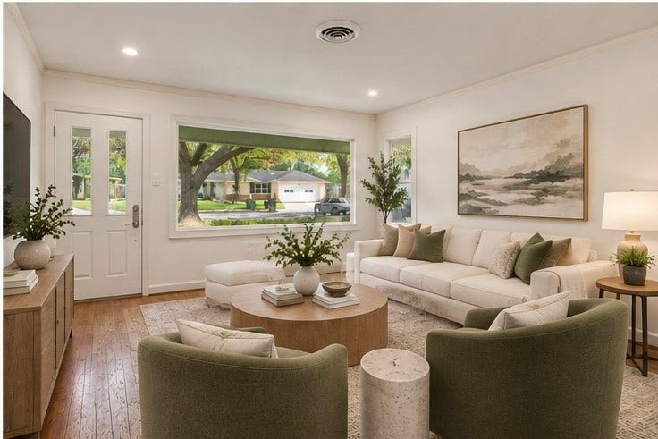 4806 Hummingbird Street, Houston, TX 77035 Bright and inviting living room with large windows offering abundant natural light, stylish neutral decor, and comfortable seating ideal for relaxation and entertaining. Virtually staged