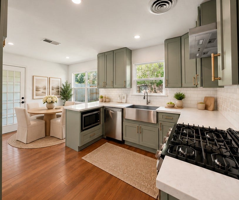4806 Hummingbird Street, Houston, TX 77035 Charming kitchen with sage green cabinetry, stainless steel appliances, and a farmhouse sink. The space features hardwood floors, a cozy dining nook, and ample natural light through large windows and a glass-paneled door. Virtually staged