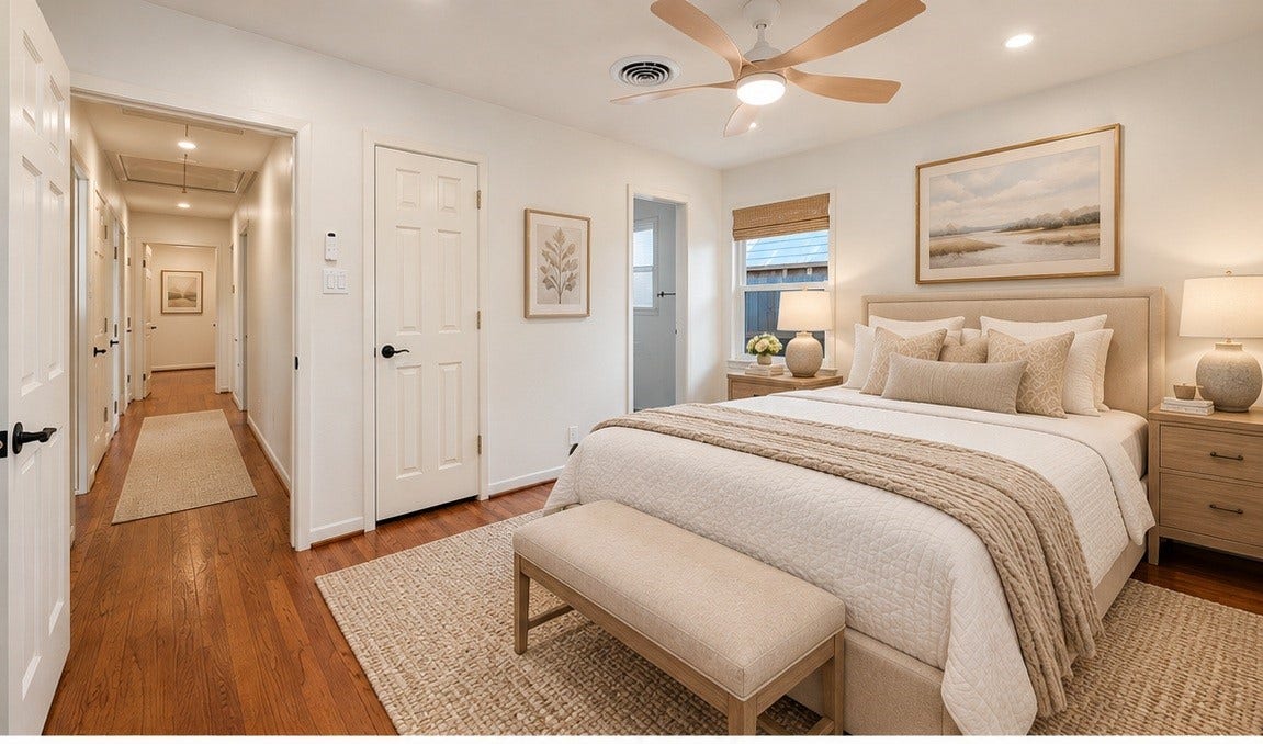 4806 Hummingbird Street, Houston, TX 77035 Spacious and inviting bedroom with warm wood floors, elegant neutral decor, and ample natural light, featuring a cozy bed, stylish ceiling fan, and serene artwork. Virtually staged