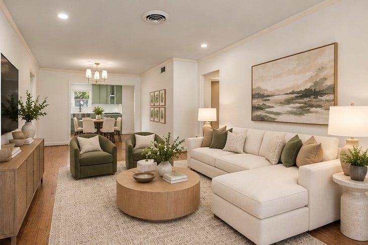 4806 Hummingbird Street, Houston, TX 77035 Elegant living room with a cozy, neutral-toned sectional and plush armchairs, accented by tasteful greenery and modern artwork. The open layout leads to a dining area, creating a welcoming and spacious atmosphere.
Virtually staged