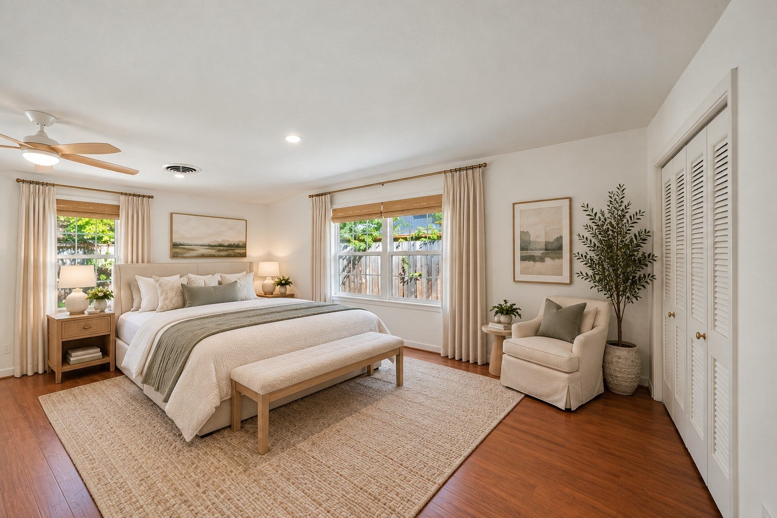 4806 Hummingbird Street, Houston, TX 77035 Spacious and serene bedroom featuring a large window with garden views, elegant neutral decor, and warm wood flooring. Virtually staged