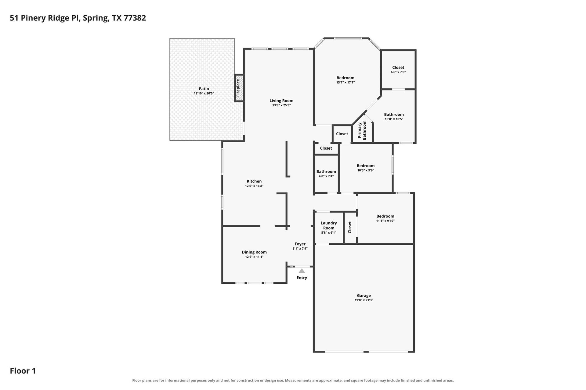 51 Pinery Ridge Place, The Woodlands, TX 77382 Explore the single-story floor plan to see how the living areas, bedrooms, kitchen, and garage connect. Dimensions are approximate.