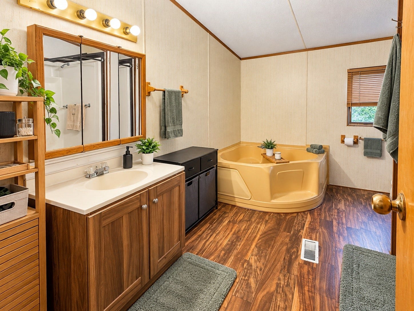 Virtually Edited  Primary Bathroom: Spacious primary bathroom featuring a vanity with ample counter space, additional storage, and a large soaking tub.