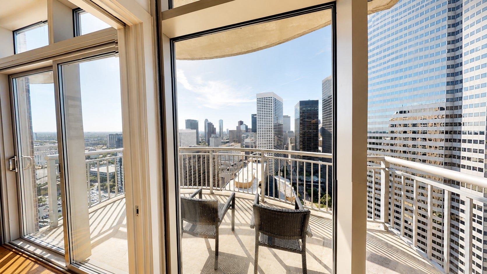 I love this view. Step onto the private balcony and take in the Houston skyline; a beautiful setting for slow mornings or unwinding at the end of the day.